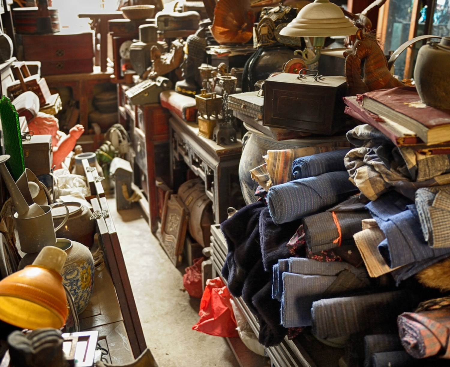 Collection of old goods ready for garage sale.