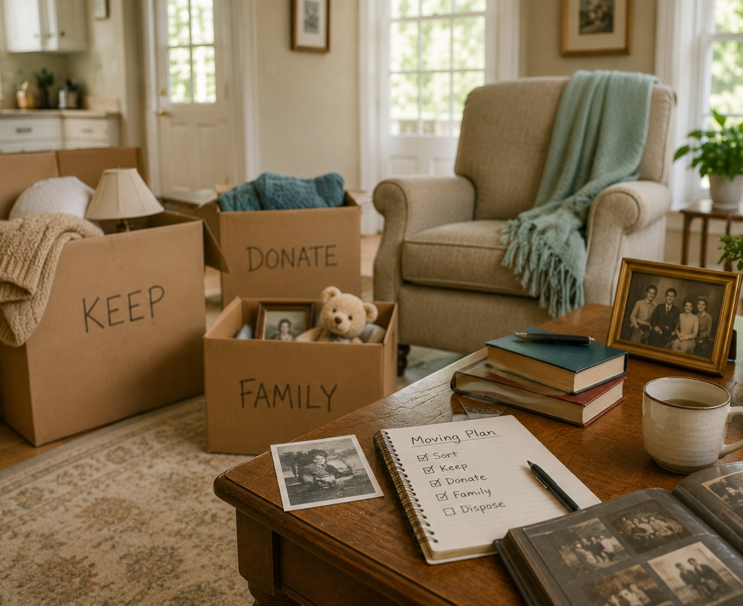 Organized senior downsizing scene with labeled moving boxes, family photo albums, and a cozy chair inside a warm residential living room.
