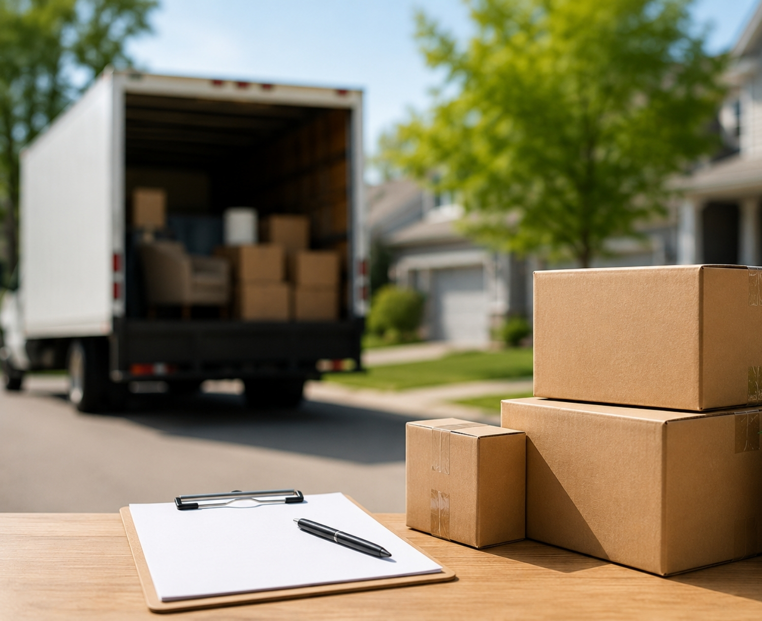 Stacked moving boxes in a suburban driveway with an open moving truck parked outside a residential home in Western Massachusetts.