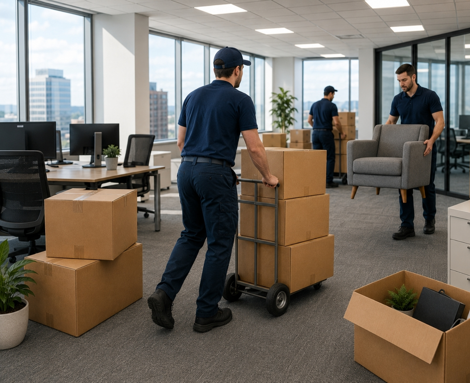 Professional movers relocating office furniture and packed boxes inside a modern corporate office during a business move in Springfield, Massachusetts.