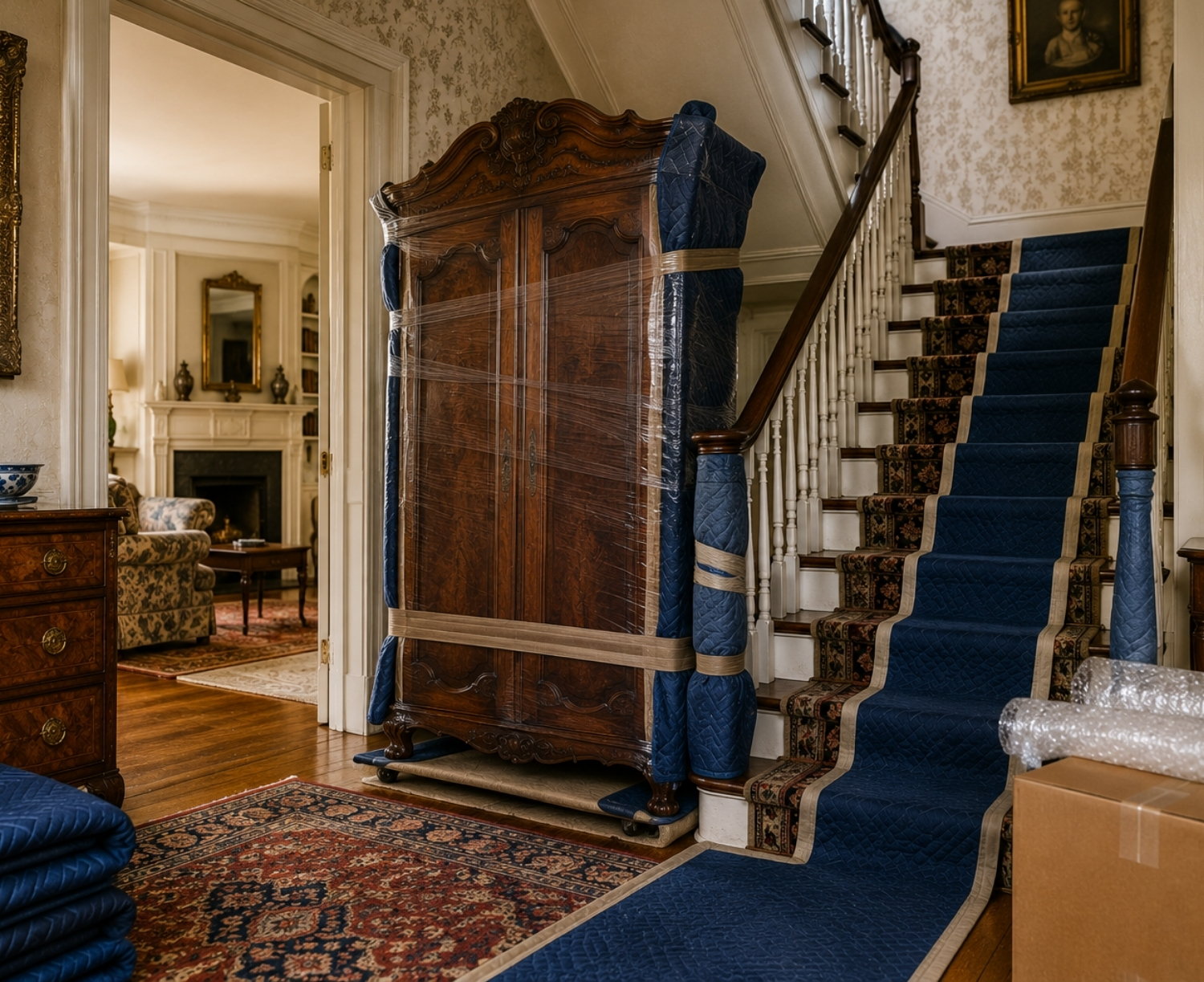 Wrapped antique armoire positioned beside a narrow staircase inside a historic New England home during a careful furniture moving process.