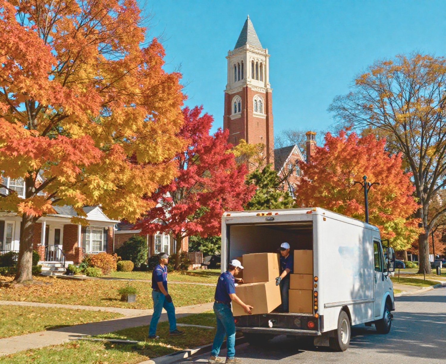 Two movers load a box into a moving truck in a Western Mass driveway. Labeled boxes ('Kitchen', 'Living Room') and a dolly are on the ground. In the background are fall foliage on hills, a colonial house, and the UMass library tower. The image supports a blog titled 'How to Choose the Best Local Moving Company'."