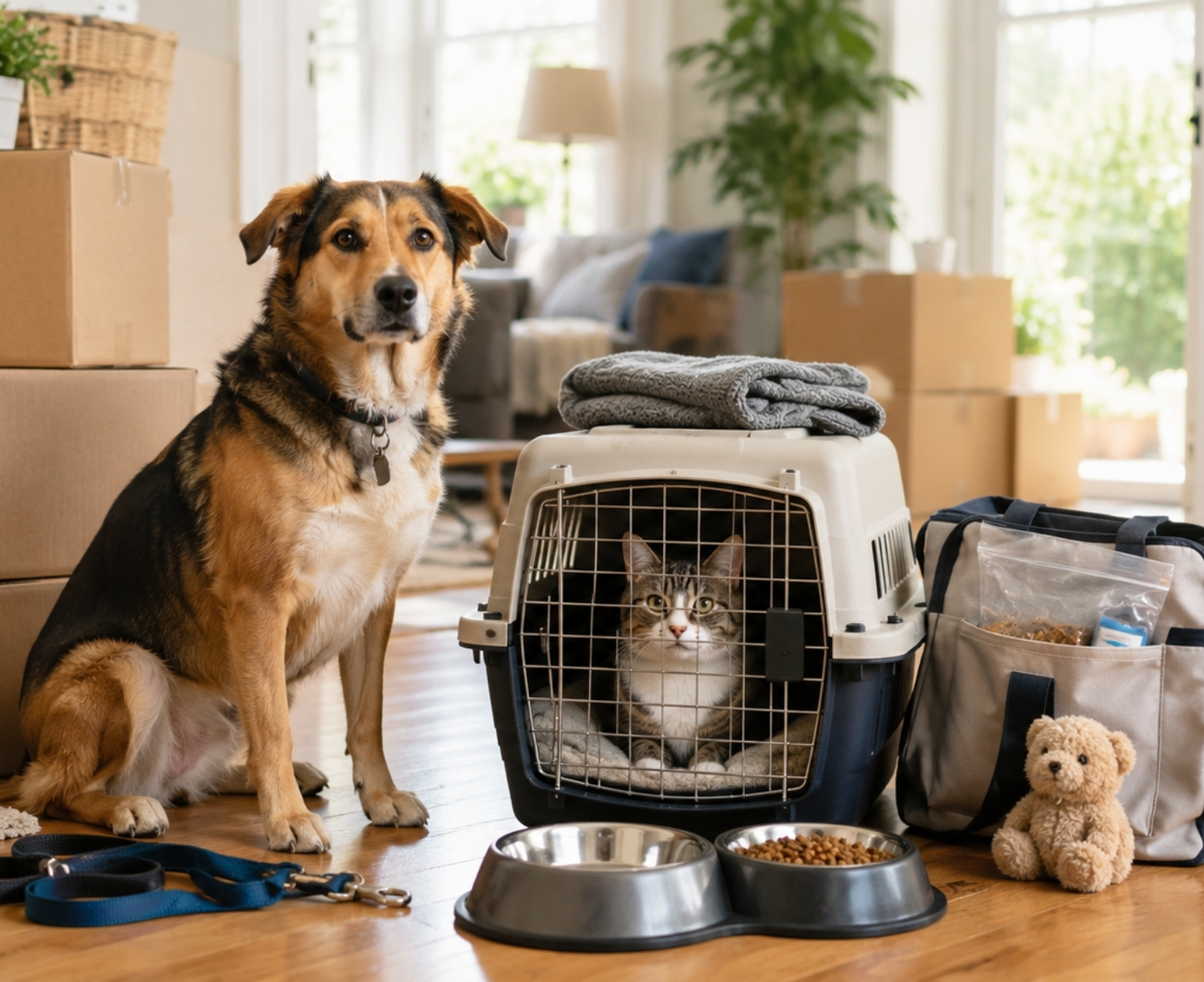 Dog and cat prepared for moving day with a pet carrier, food bowls, leash, supplies, and packed moving boxes.