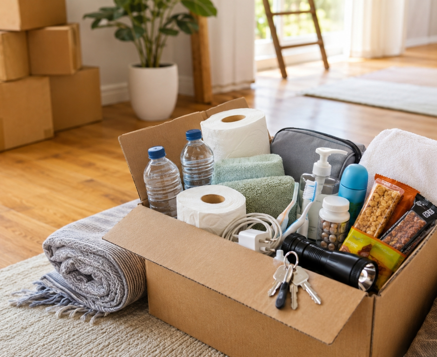 Open first-night moving box filled with toiletries, towels, water, snacks, chargers, medication, a flashlight, and keys in a new home.